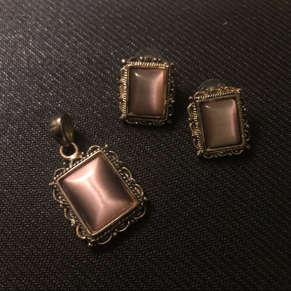 Dull purple rectangle chunky gothic steel earrings and pendant set